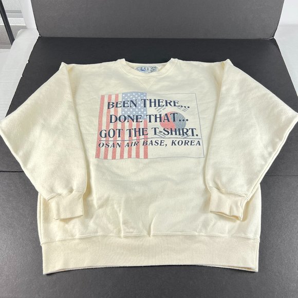 VTG 90s Been There Done That Military Sweatshirt Large Cream Korea Osan Crewneck - Picture 1 of 13